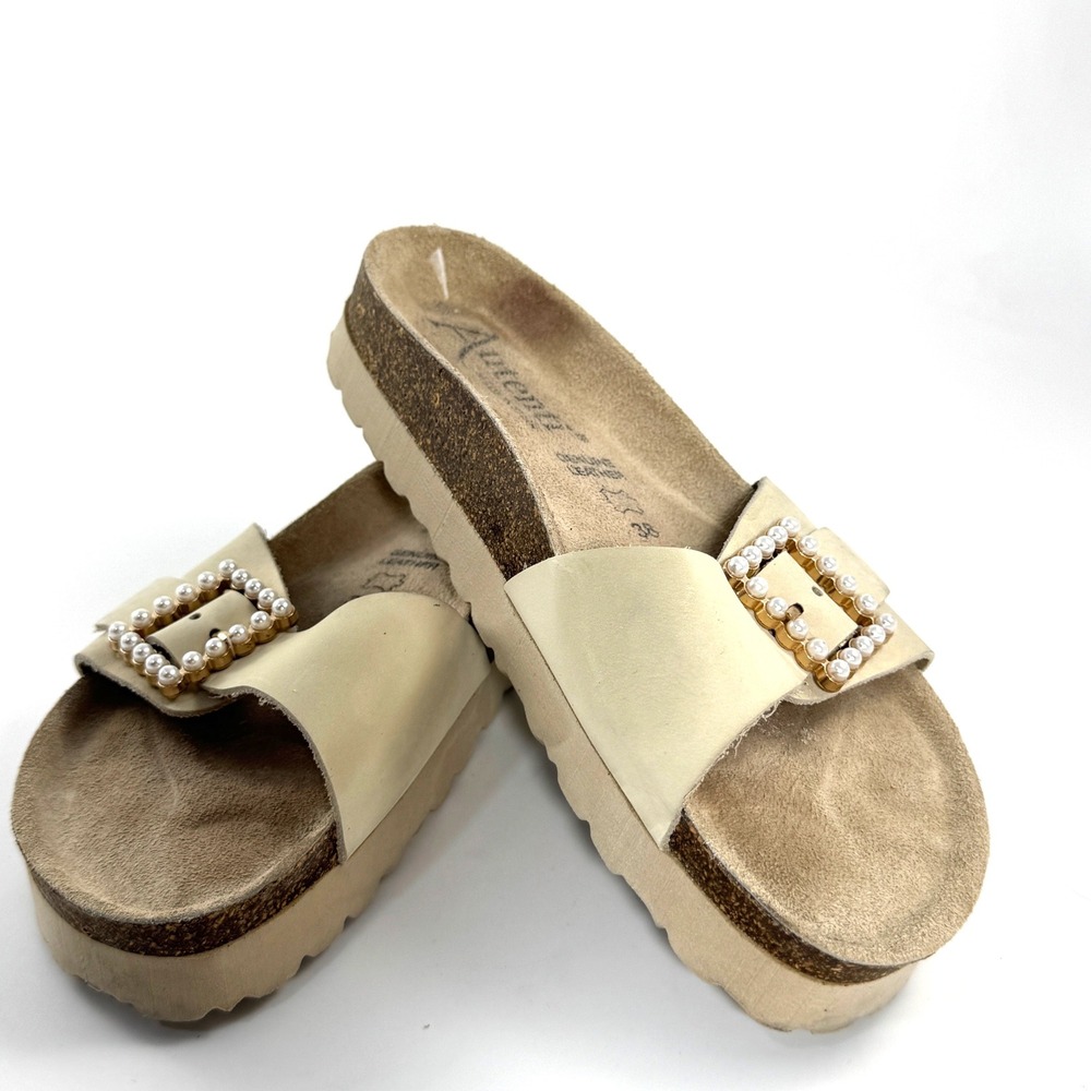 Autenti Batistella Womens Cream Leather Pearl Buckle Platform Slide Sandals 38 - Picture 2 of 10